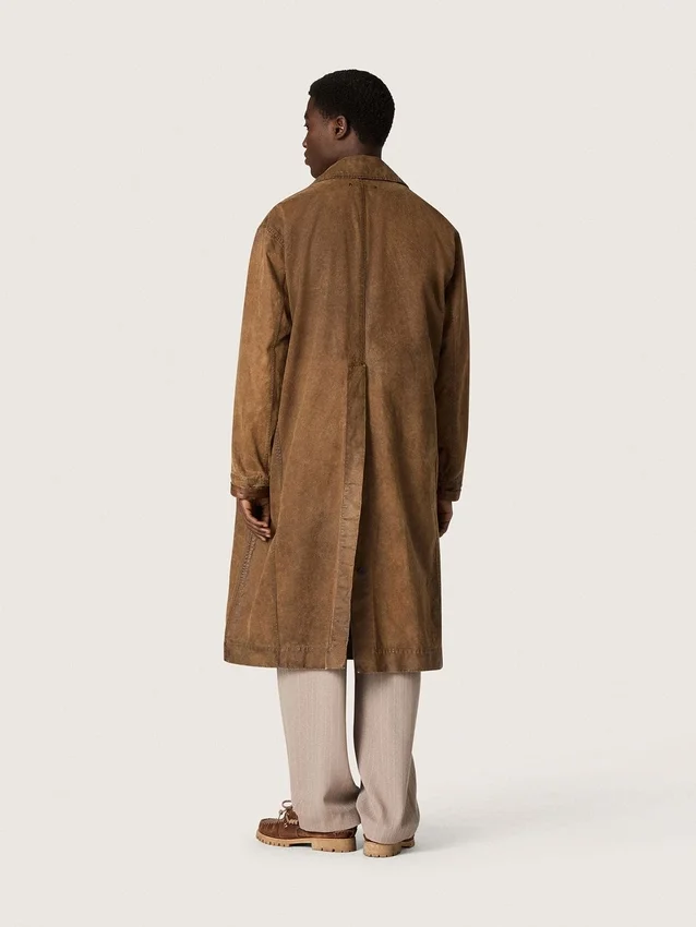 Trench unisex in twill cerato marrone con dettagli in pelle