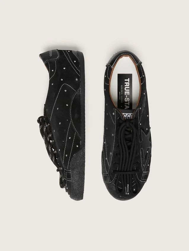 True-Star da donna in pelle scamosciata nera con cristalli Swarovski e stella in pelle nera