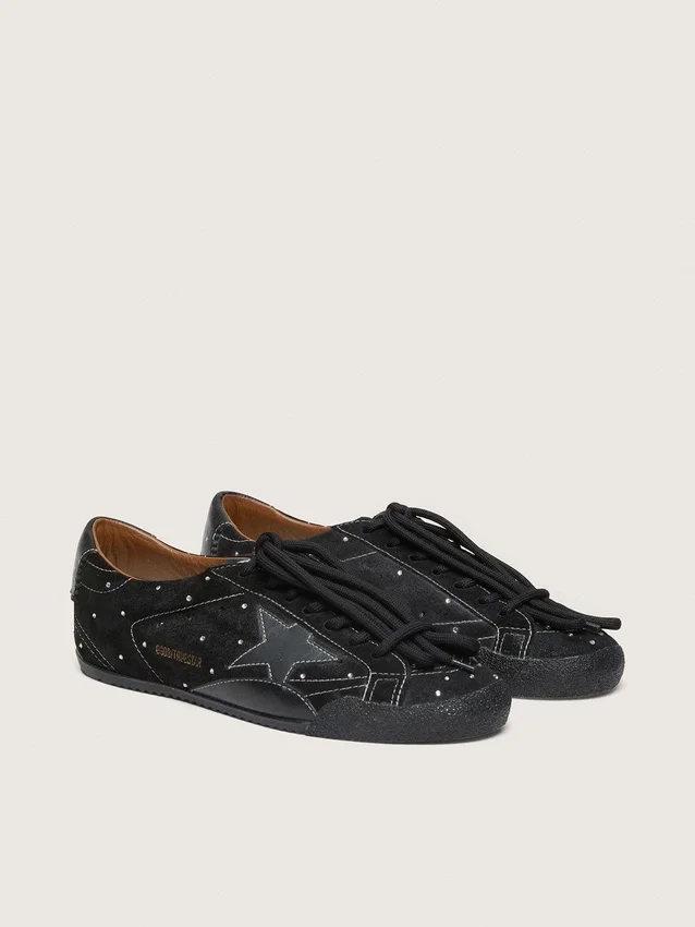 True-Star da donna in pelle scamosciata nera con cristalli Swarovski e stella in pelle nera