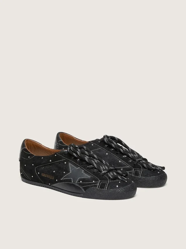 True-Star da donna in pelle scamosciata nera con cristalli Swarovski e stella in pelle nera