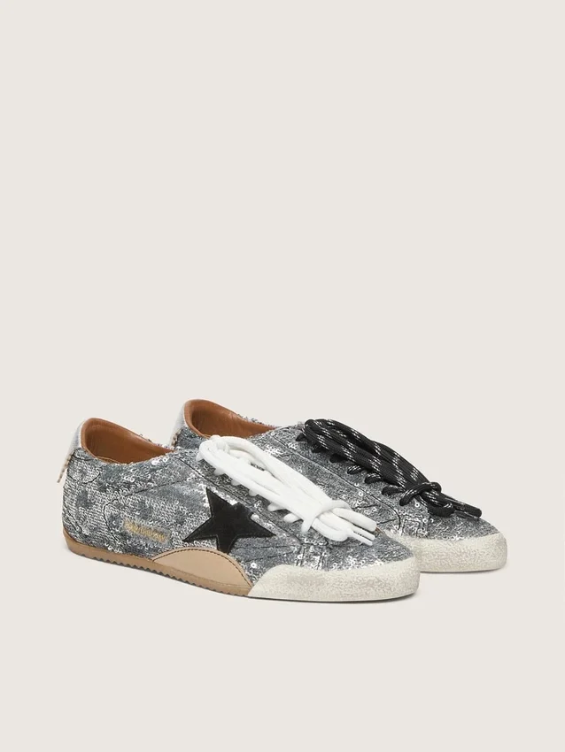 True-Star da donna con paillettes argentate, stella nera e linguetta sul tallone in pelle argentata