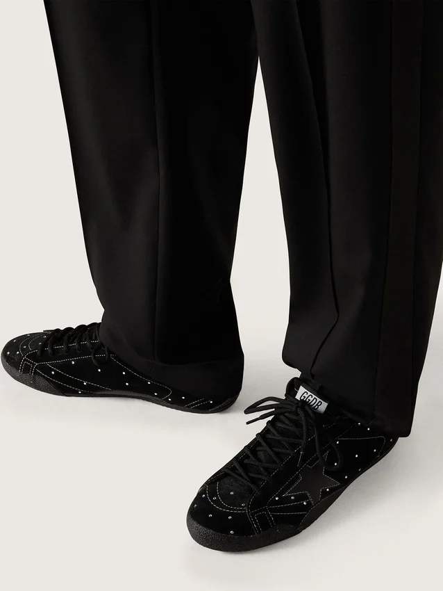 True-Star da uomo in pelle scamosciata nera con cristalli Swarovski e stella in pelle nera