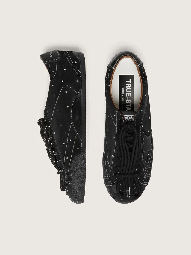 True-Star da uomo in pelle scamosciata nera con cristalli Swarovski e stella in pelle nera