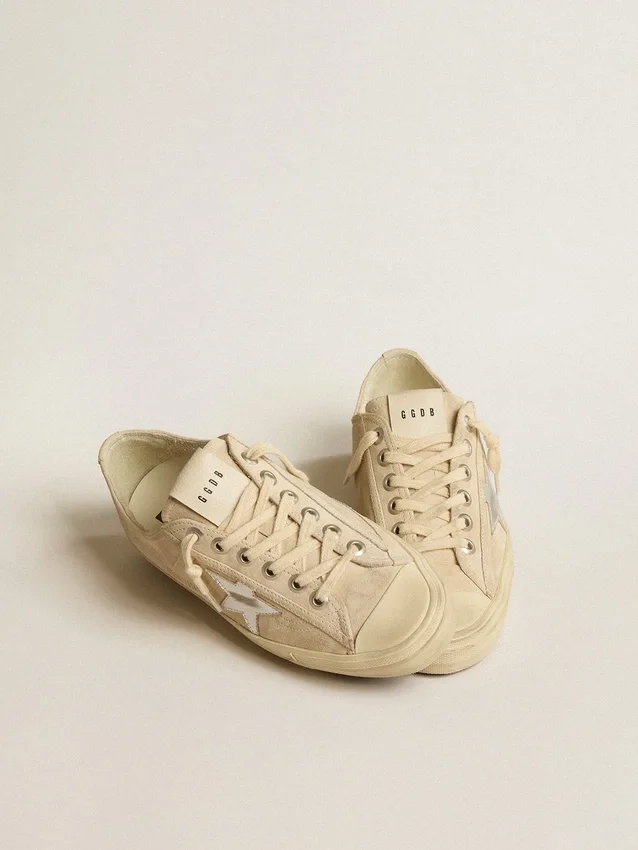 V-Star da donna in pelle scamosciata color perla con stella in pelle metallizzata argento