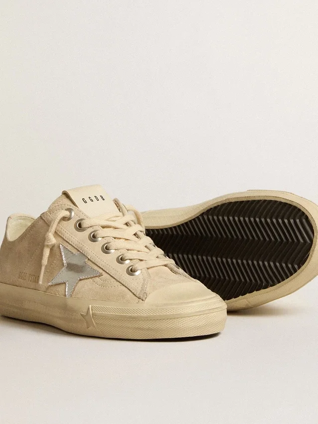 V-Star da donna in pelle scamosciata color perla con stella in pelle metallizzata argento