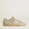 V-Star da donna in pelle scamosciata grigio ghiaccio con stella in pelle bianca e ricami floreali