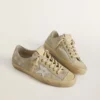 V-Star da donna in pelle scamosciata grigio ghiaccio con stella in pelle bianca e ricami floreali