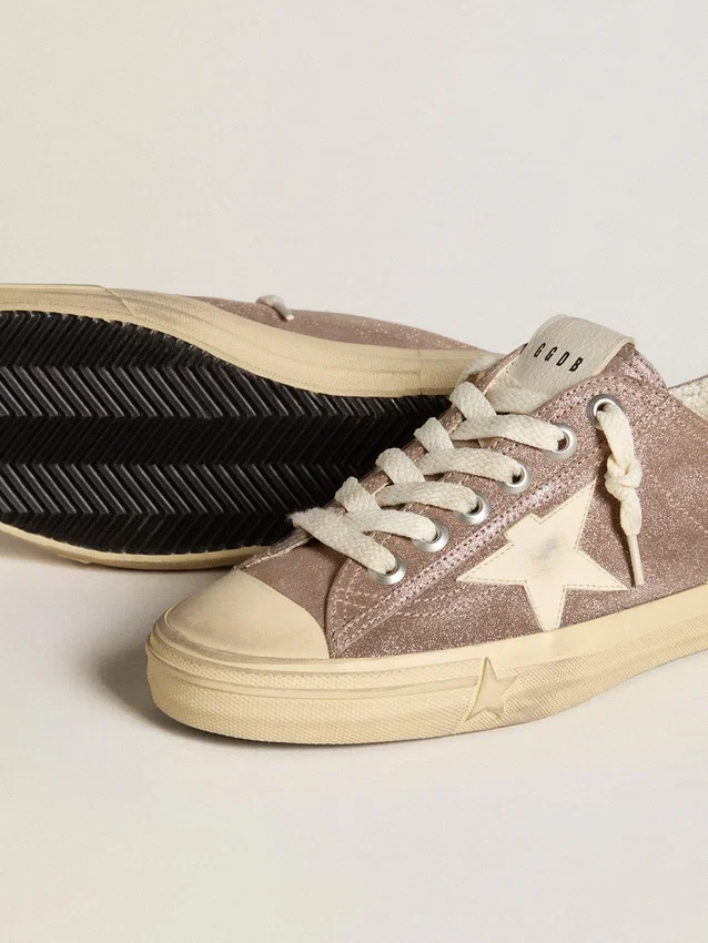 V-Star da donna in pelle scamosciata metallizzata marrone chiaro con stella in pelle color crema