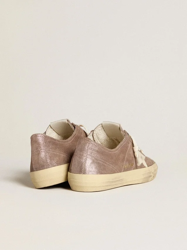 V-Star da donna in pelle scamosciata metallizzata marrone chiaro con stella in pelle color crema
