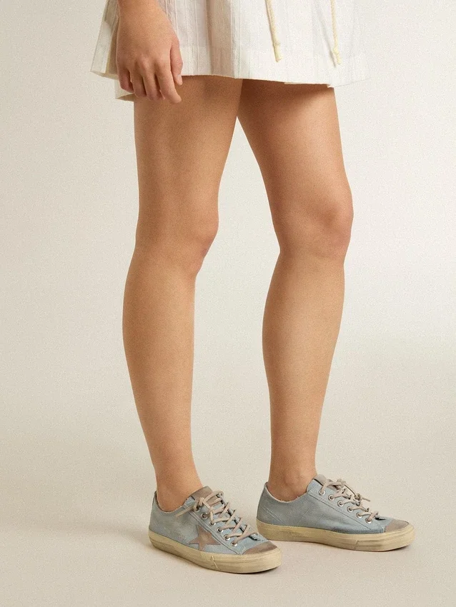 V-Star da donna in tela azzurra con stella in pelle grigio tortora