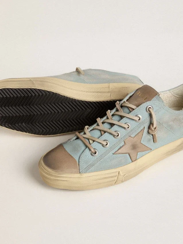 V-Star da uomo in tela azzurra con stella in pelle grigio tortora