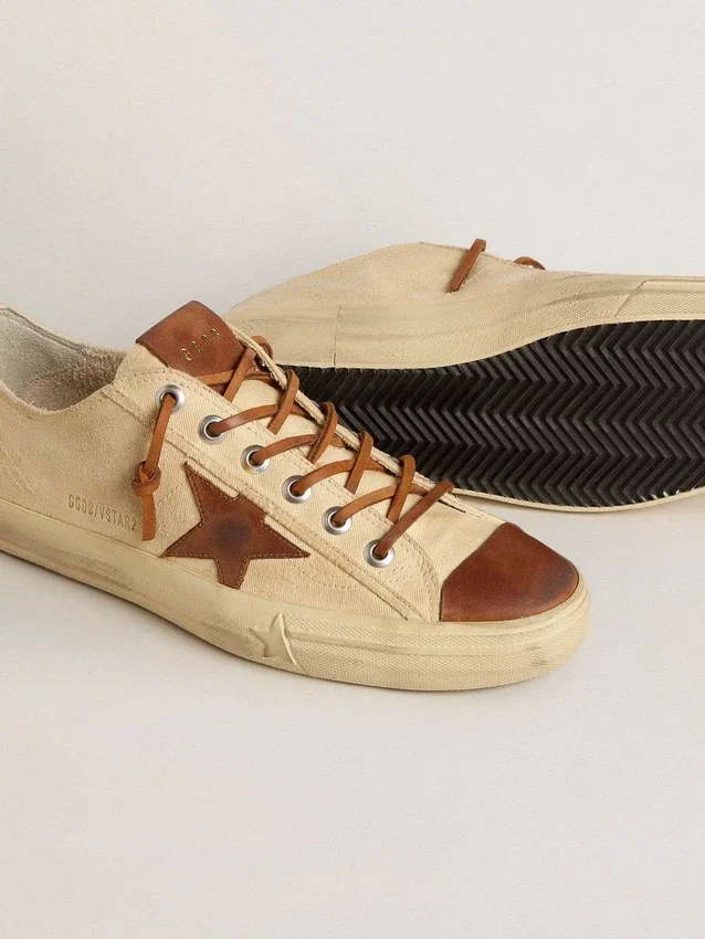 V-Star da uomo in tela color crema con stella in pelle color tabacco