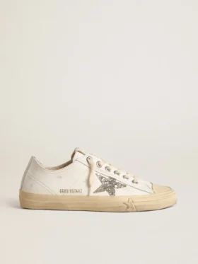 V-Star in pelle bianca con stella glitterata color platino