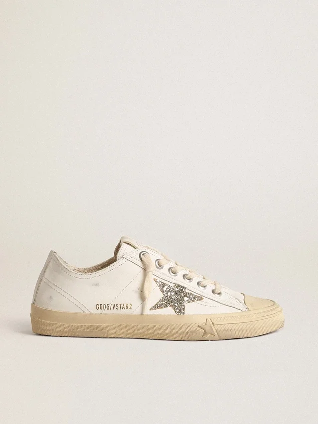 V-Star in pelle bianca con stella glitterata color platino