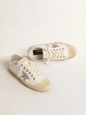 V-Star in pelle bianca con stella glitterata color platino