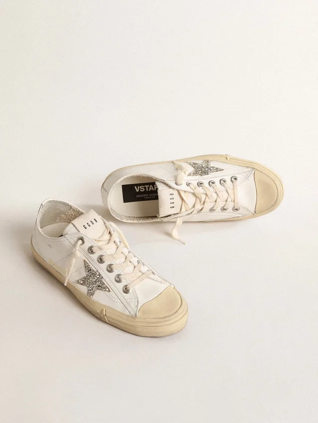 V-Star in pelle bianca con stella glitterata color platino