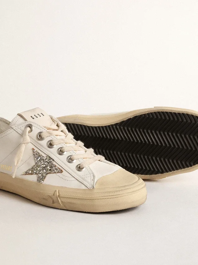 V-Star in pelle bianca con stella glitterata color platino