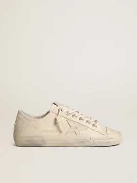 V-Star in tela color crema chiaro con stella in pelle bianco latte