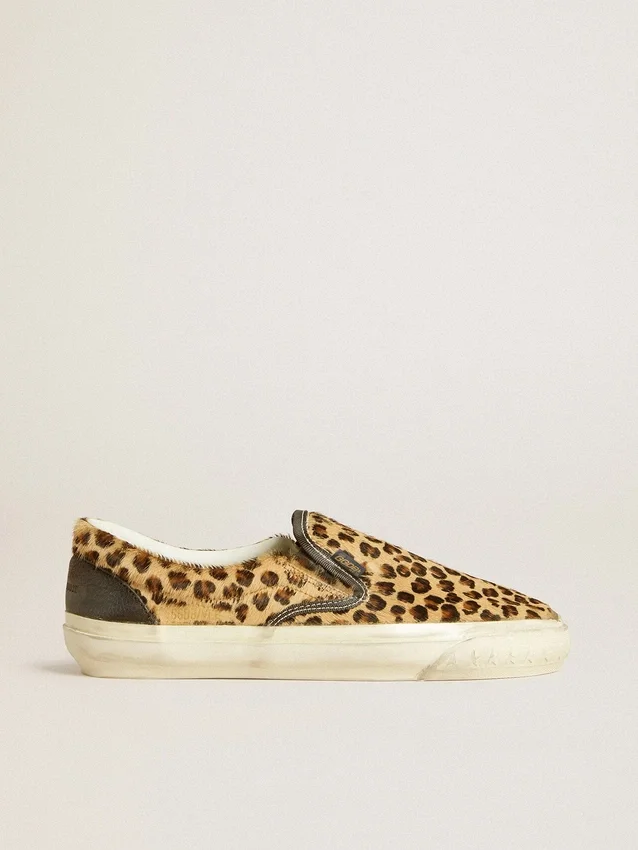 VCE Penstar da donna in pelle di pony con stampa leopardata e linguetta sul tallone in pelle nera