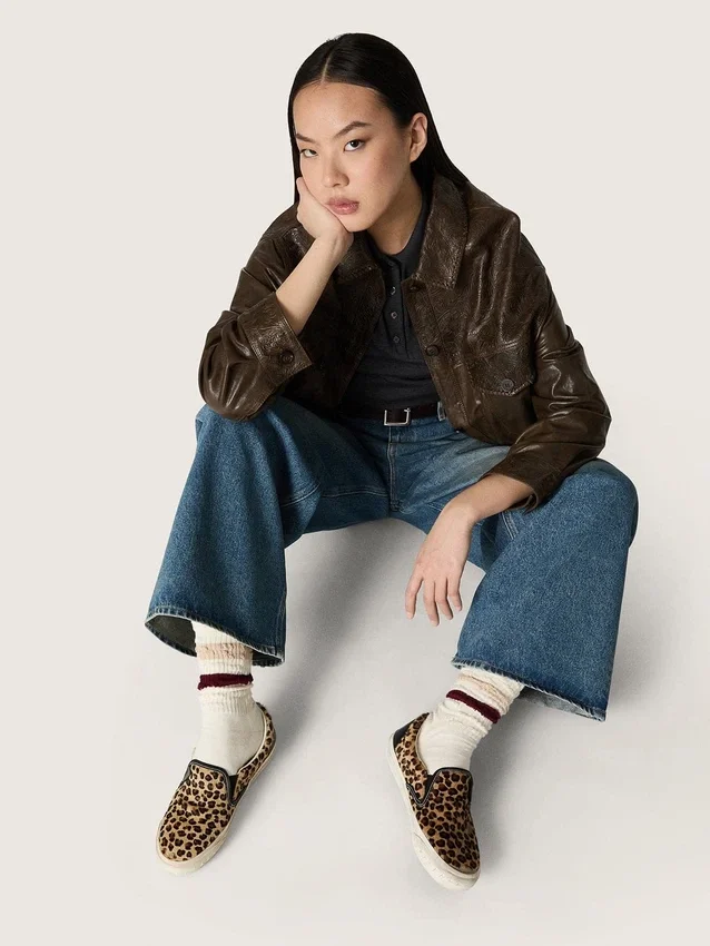 VCE Penstar da donna in pelle di pony con stampa leopardata e linguetta sul tallone in pelle nera
