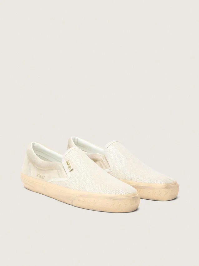 VCE Penstar da donna in pelle scamosciata beige e paillettes color perla