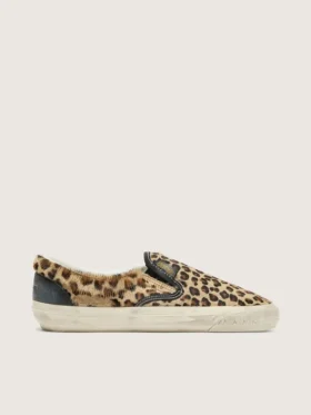 VCE Penstar da uomo in pelle di pony con stampa leopardata e linguetta sul tallone in pelle nera