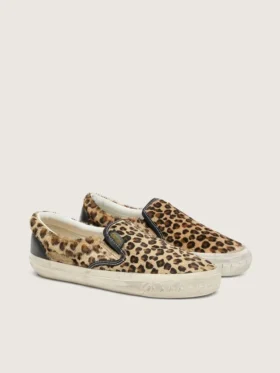 VCE Penstar da uomo in pelle di pony con stampa leopardata e linguetta sul tallone in pelle nera