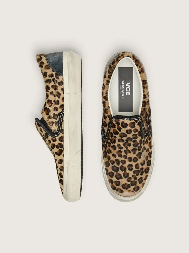 VCE Penstar da uomo in pelle di pony con stampa leopardata e linguetta sul tallone in pelle nera