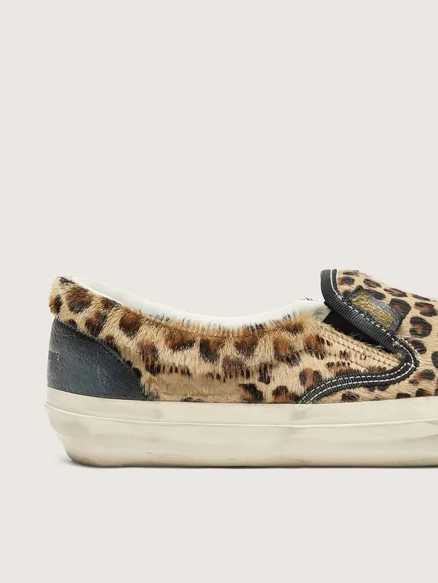 VCE Penstar da uomo in pelle di pony con stampa leopardata e linguetta sul tallone in pelle nera