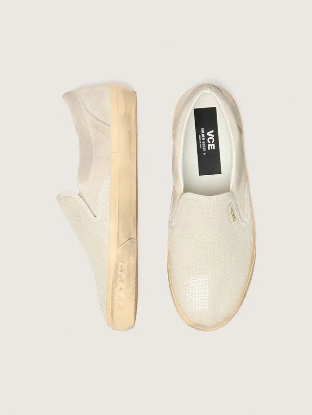 VCE Penstar da uomo in pelle scamosciata beige e paillettes color perla