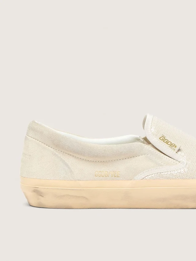 VCE Penstar da uomo in pelle scamosciata beige e paillettes color perla
