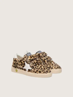 Young Ball Star in pelle di pony con stampa leopardata, stella in pelle bianca e linguetta sul tallone