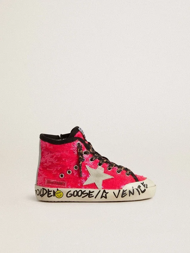 Young Francy con paillettes, stella in pelle scamosciata grigio ghiaccio e lacci con stampa animalier