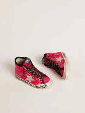 Young Francy con paillettes, stella in pelle scamosciata grigio ghiaccio e lacci con stampa animalier