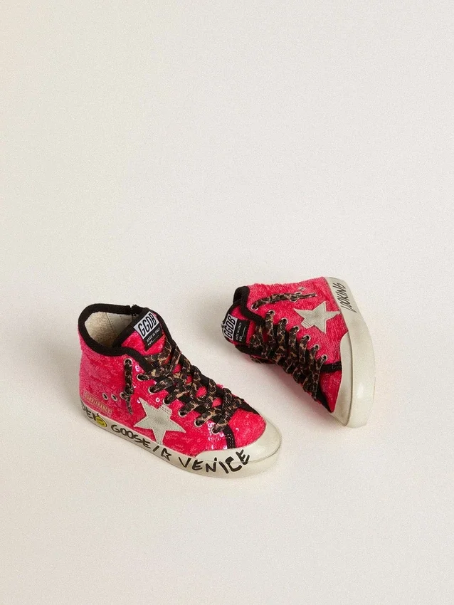Young Francy con paillettes, stella in pelle scamosciata grigio ghiaccio e lacci con stampa animalier
