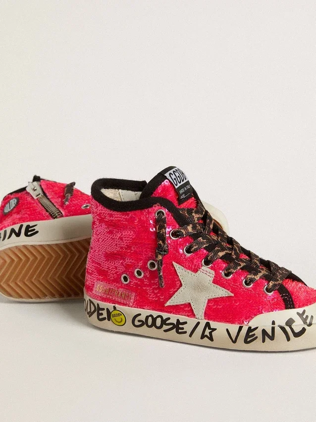 Young Francy con paillettes, stella in pelle scamosciata grigio ghiaccio e lacci con stampa animalier