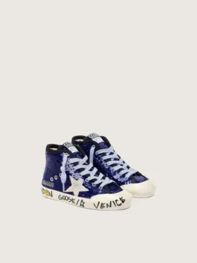Young Francy Penstar in paillettes blu con stella in pelle scamosciata bianca