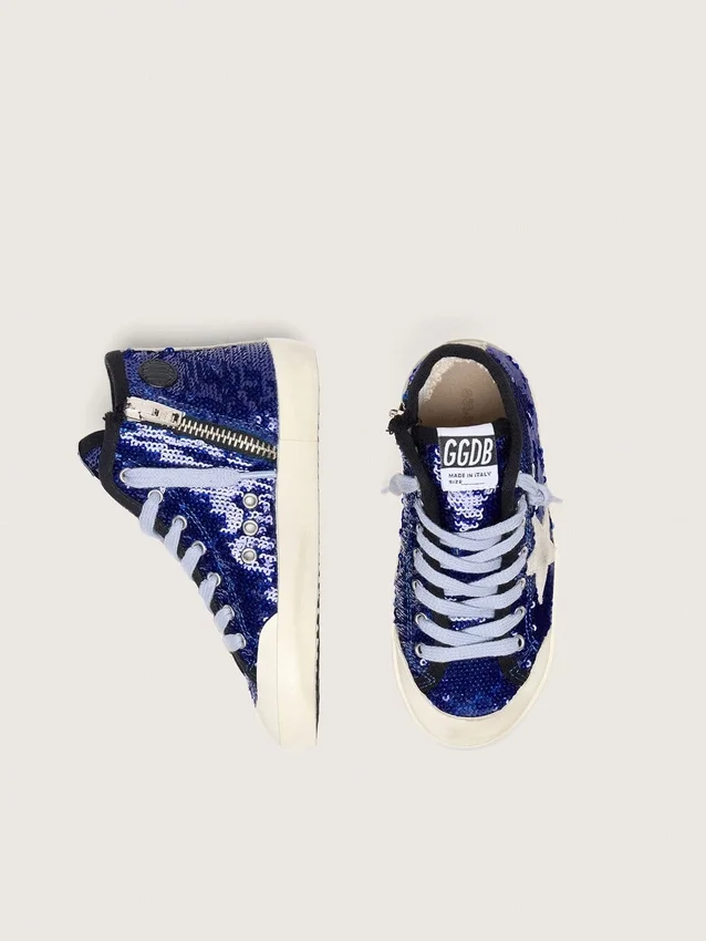 Young Francy Penstar in paillettes blu con stella in pelle scamosciata bianca