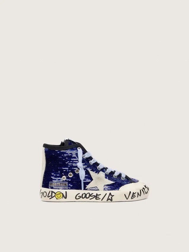 Young Francy Penstar in paillettes blu con stella in pelle scamosciata bianca