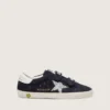 Young Old School in camoscio blu con stella glitterata argento e linguetta sul tallone in pelle bianca