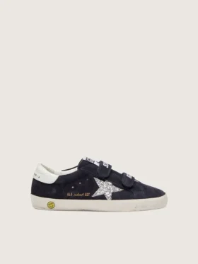 Young Old School in camoscio blu con stella glitterata argento e linguetta sul tallone in pelle bianca
