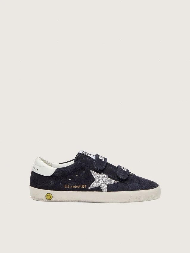 Young Old School in camoscio blu con stella glitterata argento e linguetta sul tallone in pelle bianca