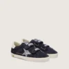 Young Old School in camoscio blu con stella glitterata argento e linguetta sul tallone in pelle bianca