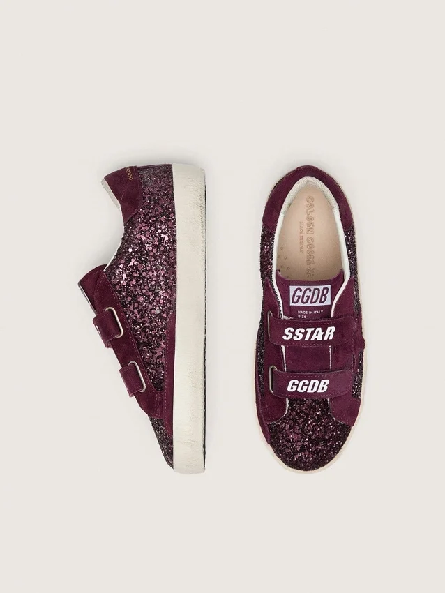 Young Old School in glitter bordeaux con stella in pelle scamosciata bordeaux e linguetta sul tallone