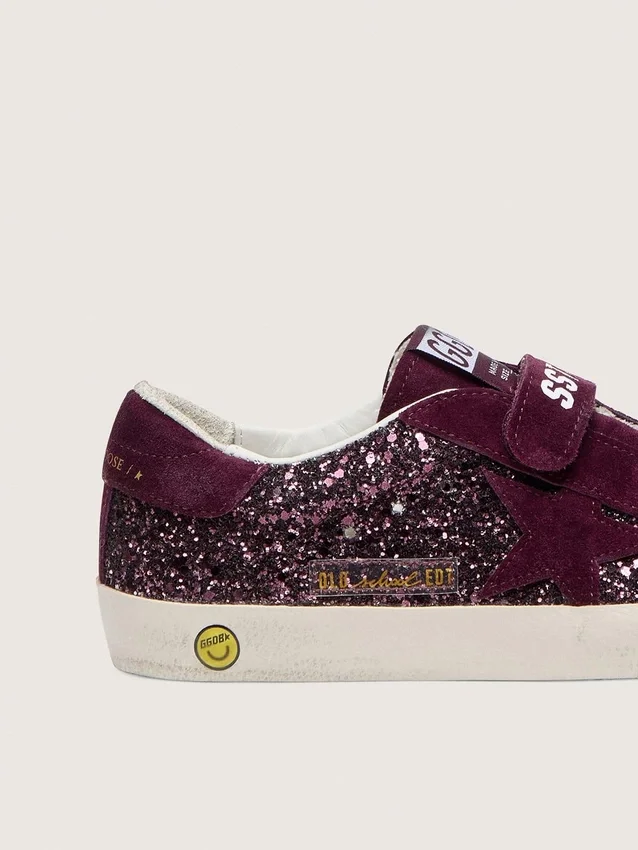 Young Old School in glitter bordeaux con stella in pelle scamosciata bordeaux e linguetta sul tallone