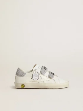 Young Old School in pelle bianca con linguetta sul tallone e cinturini con cristalli Swarovski argentati