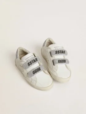 Young Old School in pelle bianca con linguetta sul tallone e cinturini con cristalli Swarovski argentati