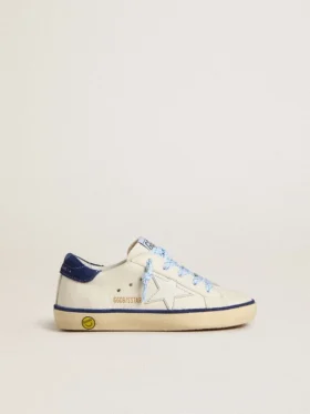 Young Super-Star in pelle bianca con linguetta sul tallone in camoscio blu