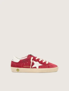 Young Super-Star in pelle scamosciata rossa con stella in pelle bianca e linguetta sul tallone