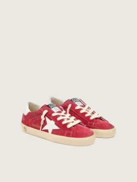Young Super-Star in pelle scamosciata rossa con stella in pelle bianca e linguetta sul tallone